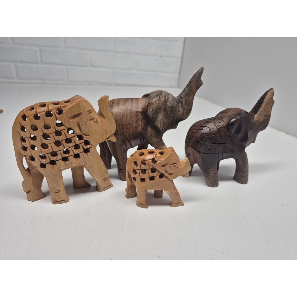 4 Small Hand Carved Wooden Elephants Lot